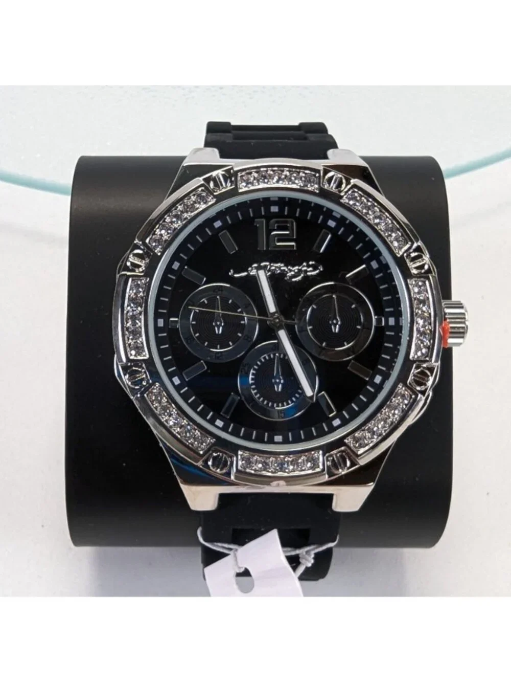 Ed Hardy Mens Black Dial Watch Rhinestone Bezel w Silicone Band NIB